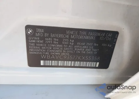 2007 BMW 328Xi из США, поврежденный, VIN WBAVC93577KX55358